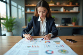 Jeune femme en bureau examine un fluxchart sur la table