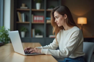 Jeune femme concentrée sur son ordinateur dans une université