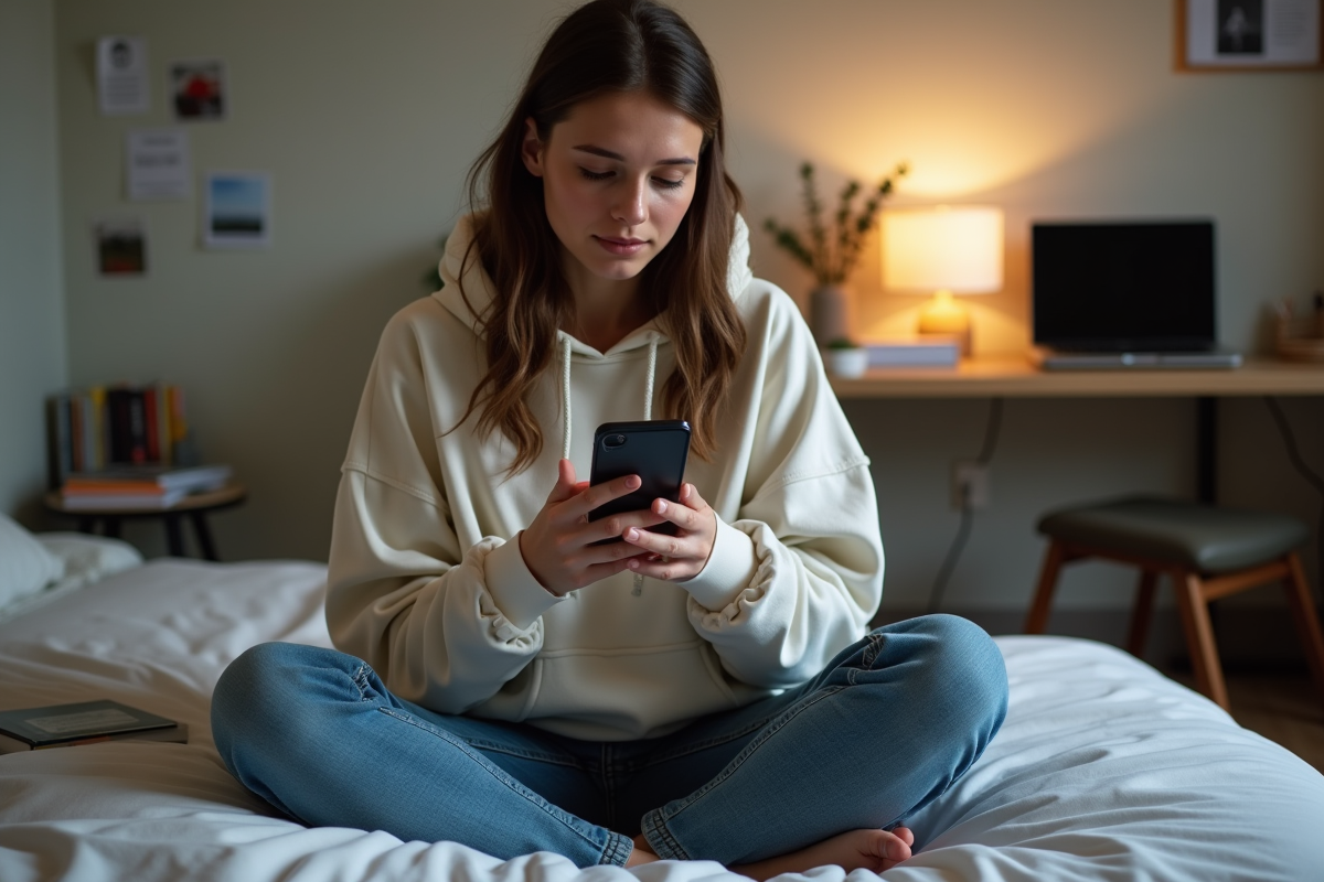 Jeune femme en hoodie assise sur son lit avec smartphone
