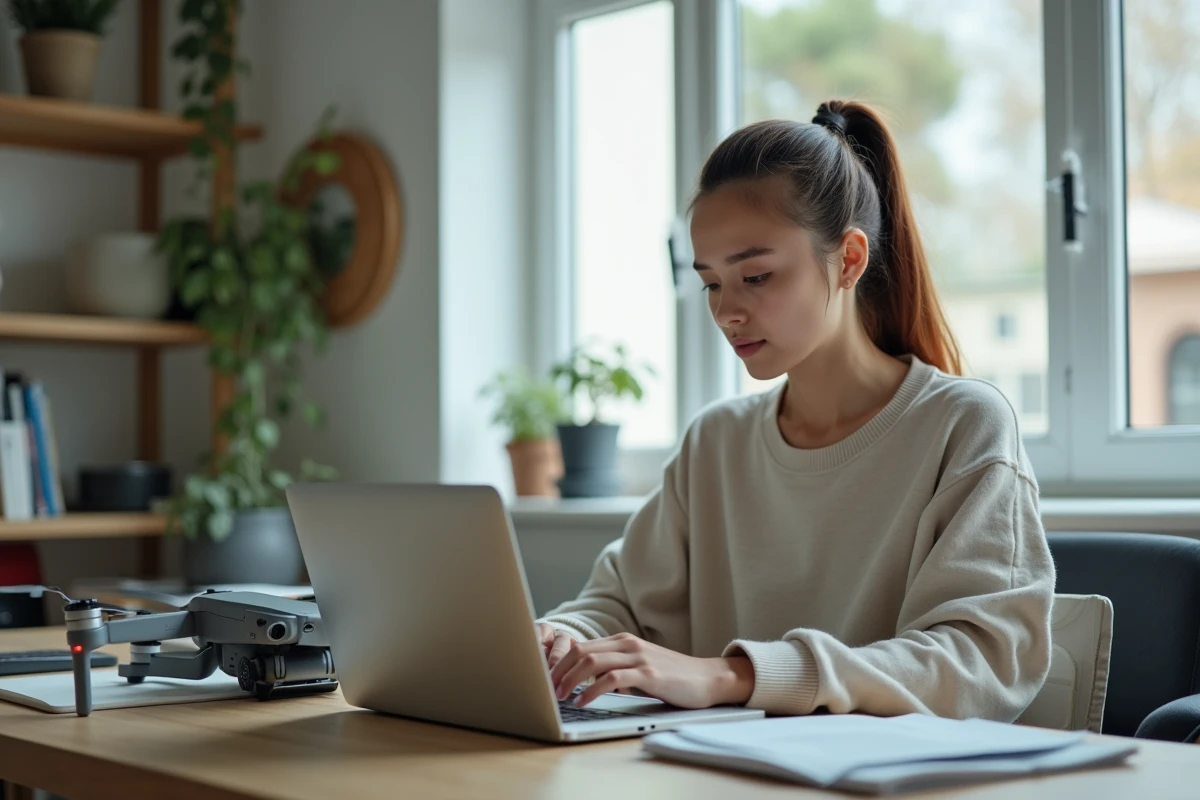 Jeune femme travaillant sur un drone avec un ordinateur en intérieur