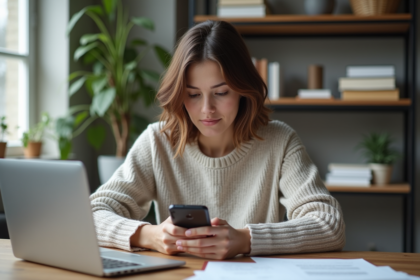 Jeune femme concentrée avec smartphone dans un bureau lumineux