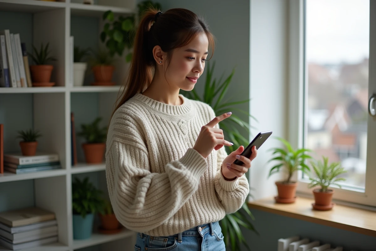 Jeune femme vérifiant une alerte sur son smartphone à la maison