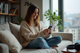 Jeune femme regardant une application de musique sur smartphone dans un salon moderne