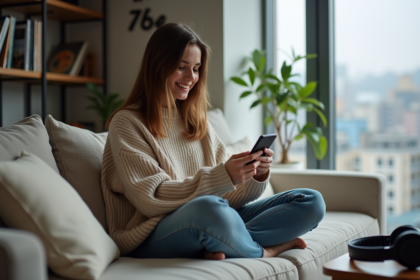Jeune femme regardant une application de musique sur smartphone dans un salon moderne