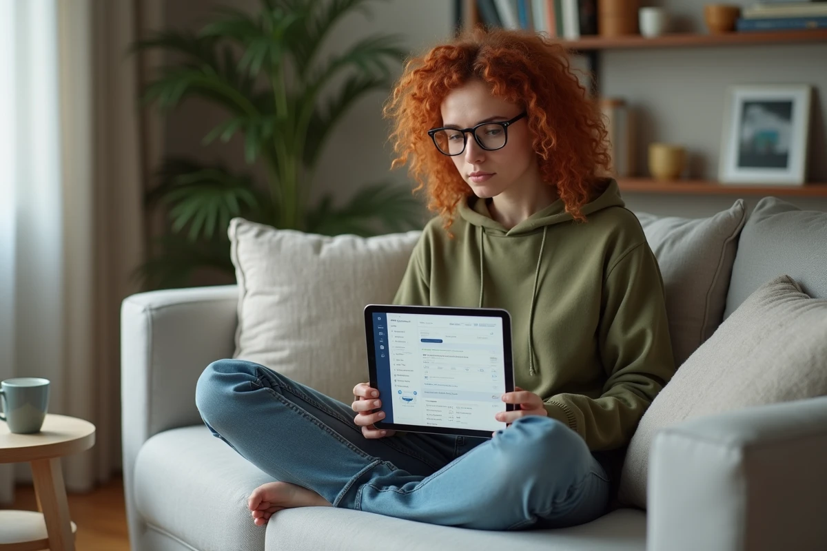 Jeune femme consultant et supprimant ses données d'activité Google sur une tablette dans son salon