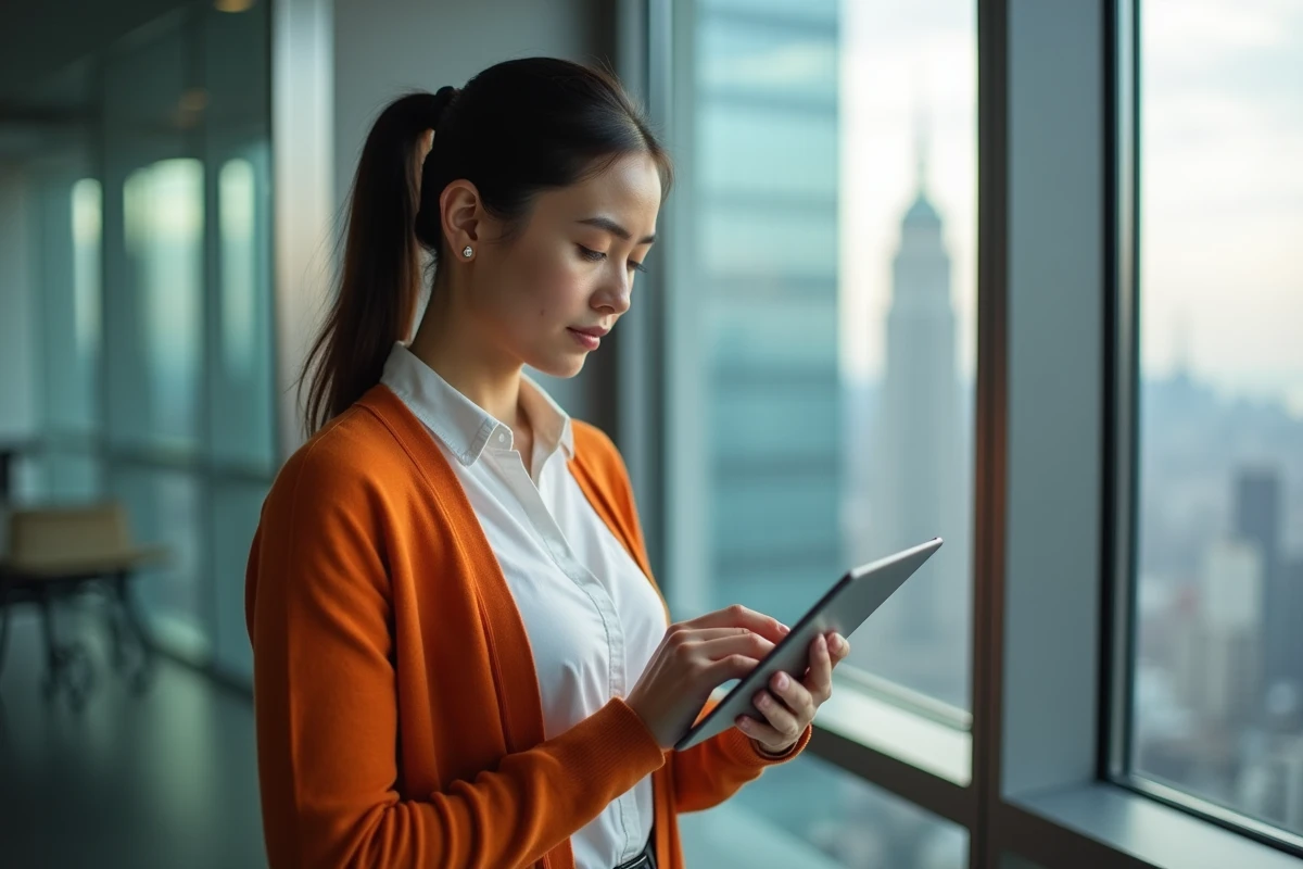 Jeune femme vérifiant ses emails sur une tablette dans un bureau lumineux