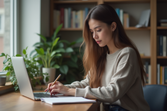 Jeune femme concentrée travaillant sur son ordinateur portable