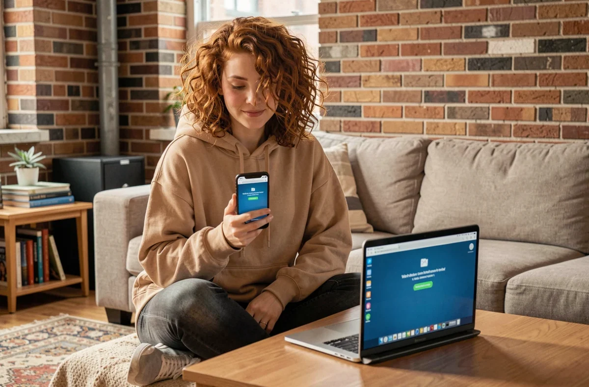 Jeune femme sur canapé consultant une erreur de webmail sur smartphone et ordinateur portable