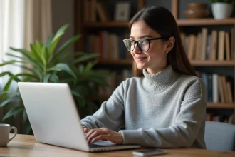 Jeune femme utilisant Zupimage pour partager une photo sur un forum depuis son ordinateur portable à domicile