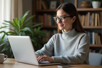 Jeune femme utilisant Zupimage pour partager une photo sur un forum depuis son ordinateur portable à domicile