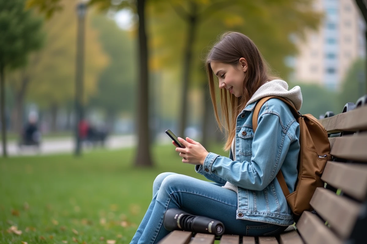 Jeune fille en jean utilisant un smartphone dans un parc