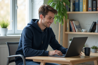 Jeune homme au bureau avec ordinateur portable Windows 11