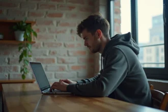 Jeune homme regardant son ordinateur dans un appartement moderne