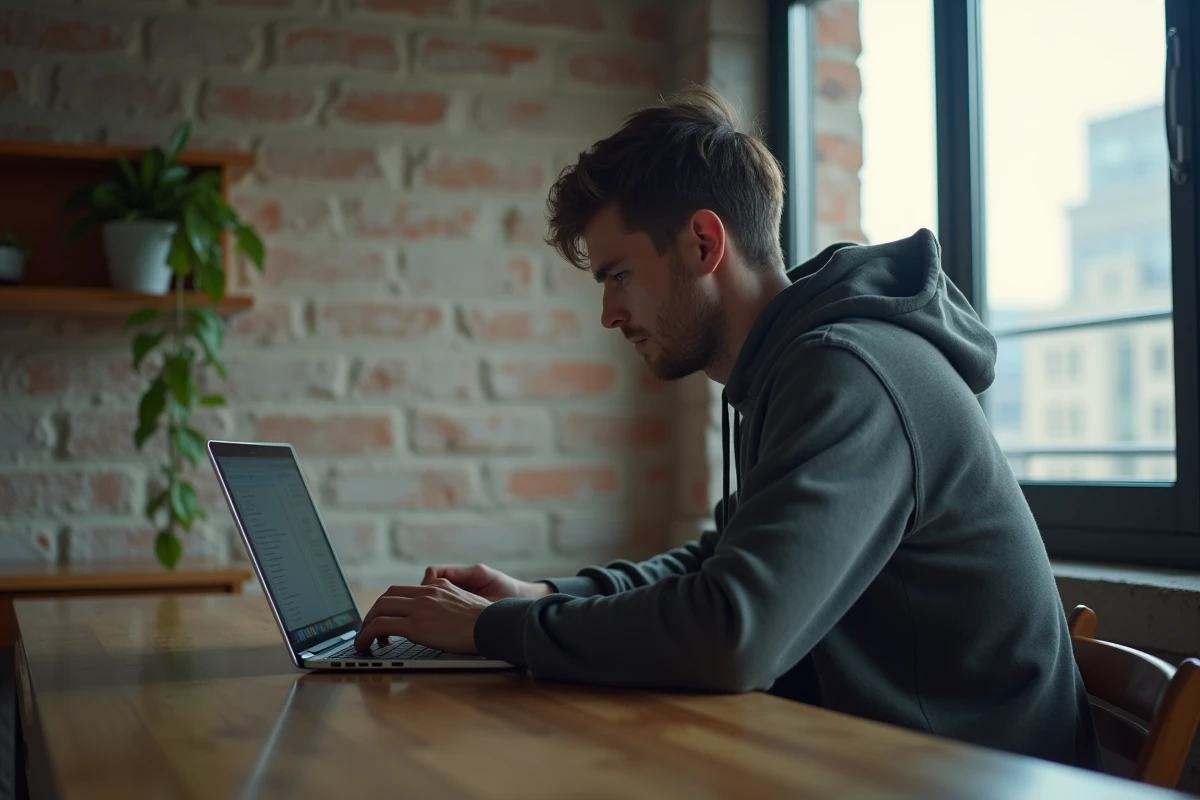 Jeune homme regardant son ordinateur dans un appartement moderne