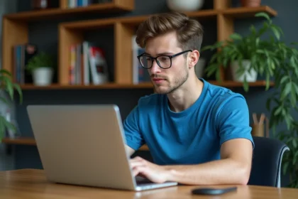 Jeune homme concentré sur son ordinateur dans un bureau cosy