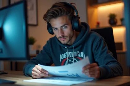 Jeune homme concentré vérifiant ses factures d'électricité