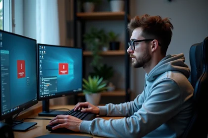 Jeune homme avec PC et erreur serveur à la maison