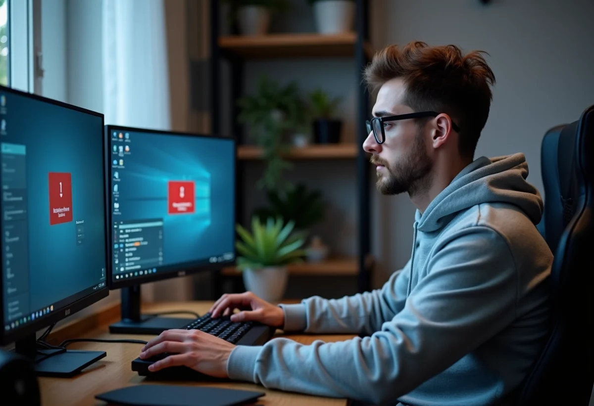 Jeune homme avec PC et erreur serveur à la maison