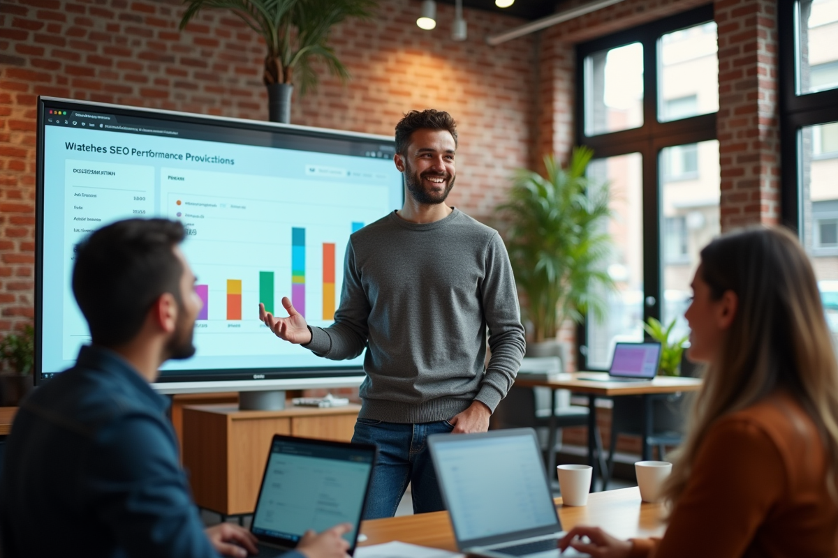Jeune homme présentant des graphiques SEO à ses collègues