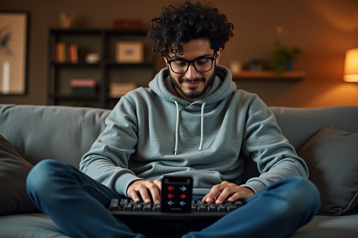 Jeune homme recherchant des raccourcis de symboles flèches sur son téléphone et clavier