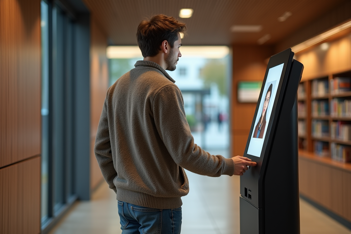 Jeune homme utilisant un kiosque de reconnaissance faciale