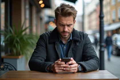 Jeune homme utilisant un smartphone dans un café urbain