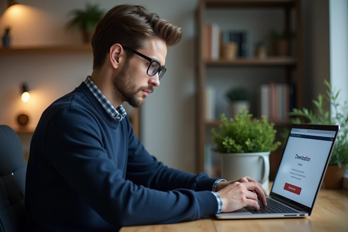 Jeune homme au bureau téléchargeant un pilote sur son ordinateur