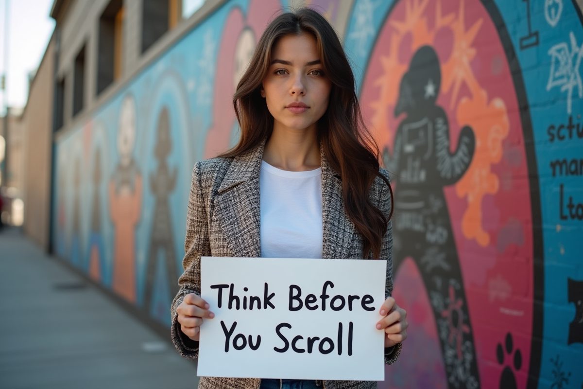 Jeune influenceuse devant un mur de street art avec panneau