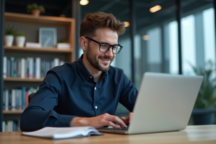 Jeune homme professionnel travaillant sur un ordinateur dans un bureau moderne