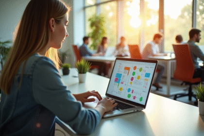 Jeune professionnel utilisant un ordinateur portable moderne dans un bureau lumineux