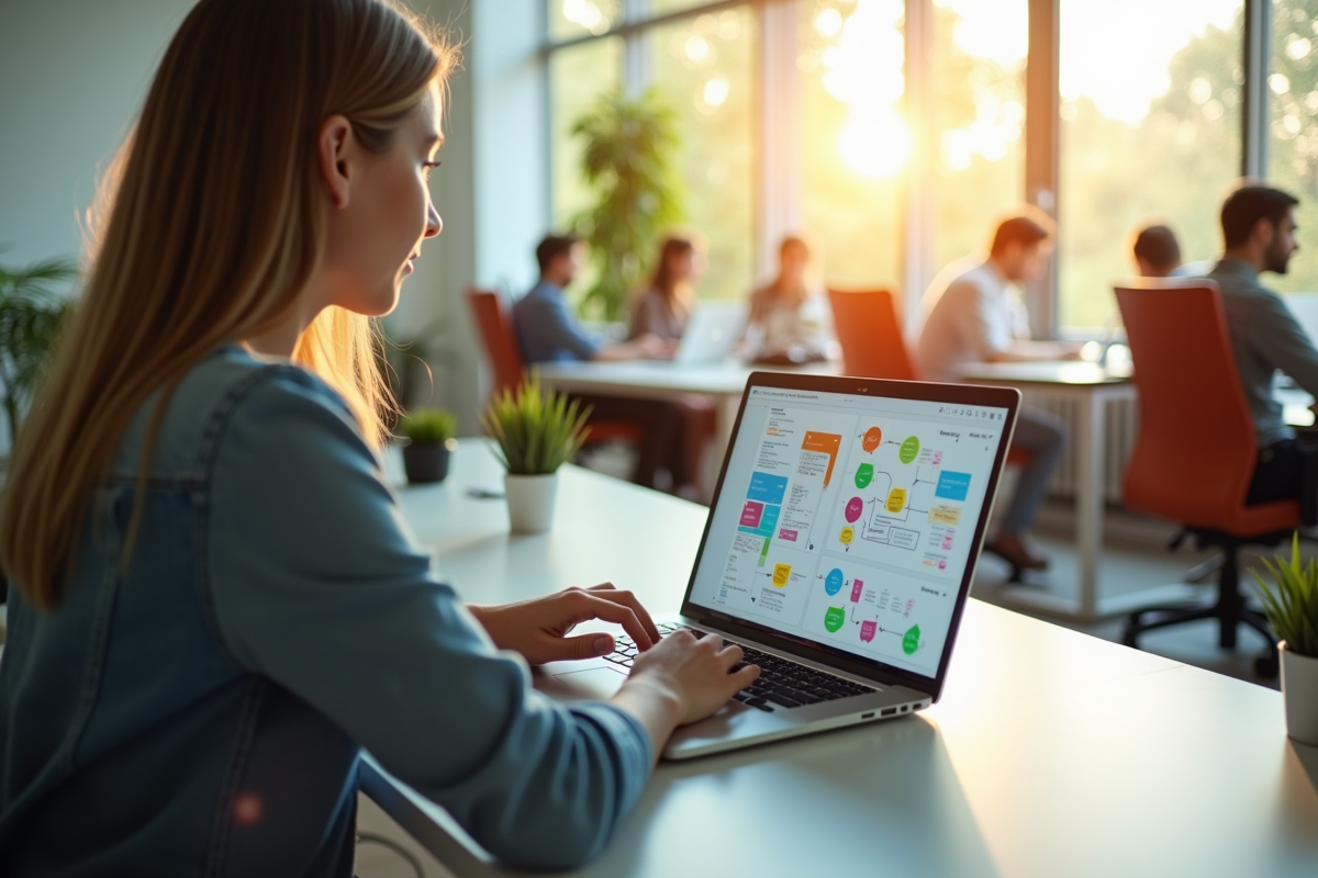 Jeune professionnel utilisant un ordinateur portable moderne dans un bureau lumineux
