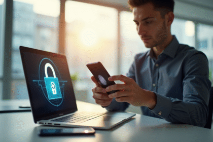 Jeune professionnel utilisant un smartphone avec scanner d'empreinte