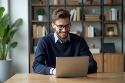 Jeune homme en bureau moderne avec ordinateur portable