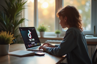 Jeune personne travaillant sur un ordinateur avec TikTok à l'écran