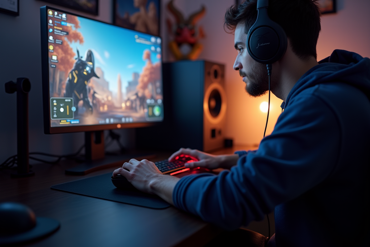 Gamer concentré avec clavier et souris dans une ambiance cosy