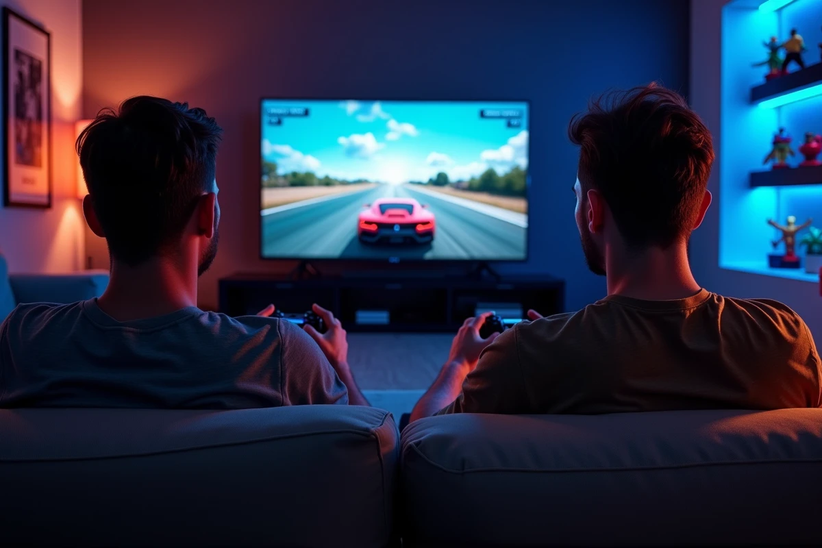 Deux joueurs en compétition sur consoles next-gen dans une salle de jeux moderne et immersive
