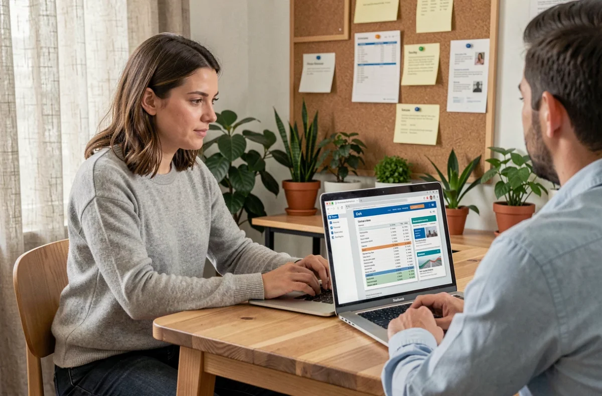 Consultante web discutant de solutions adaptées aux budgets variables avec un client dans un espace de coworking, représentant l'agence Keole
