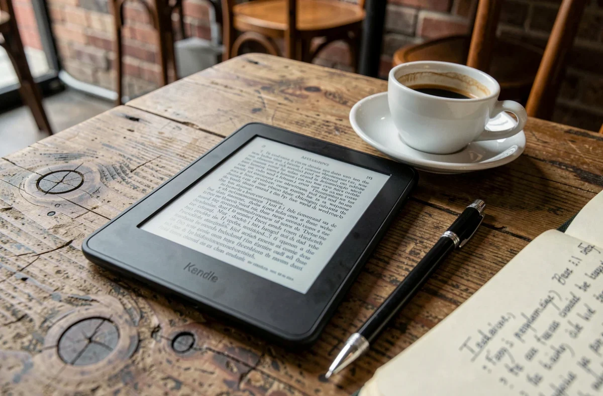 Gros plan d'une liseuse Kindle posée sur une table de café avec un carnet de notes et un expresso pour un étudiant