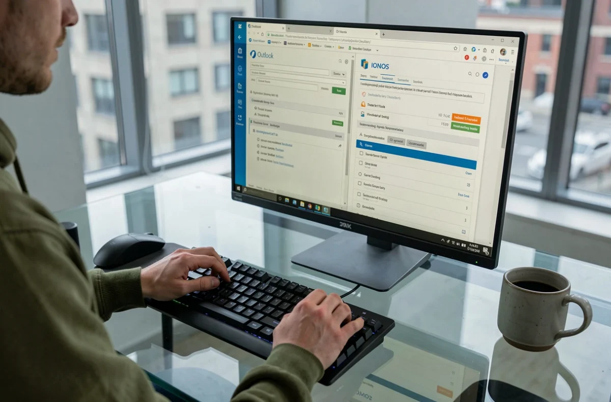 Mains tapant sur un clavier pour configurer les clients email Outlook et Thunderbird avec IONOS