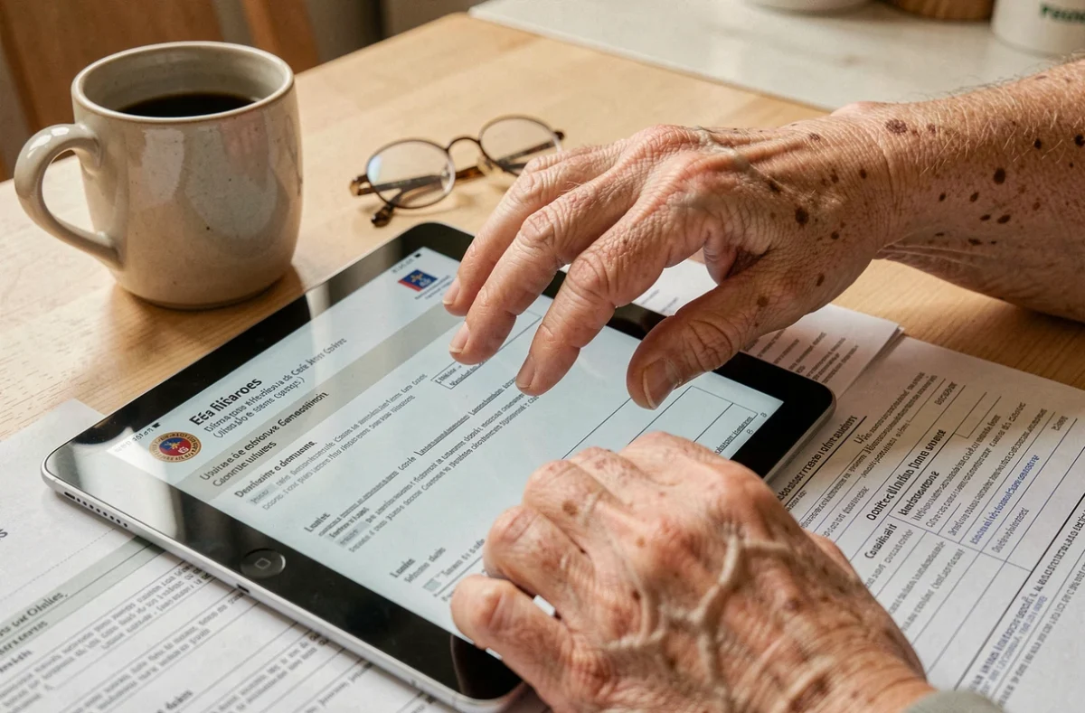 Mains d'une personne âgée saisissant des informations sur une tablette pour compléter une inscription sur France VDICAPS