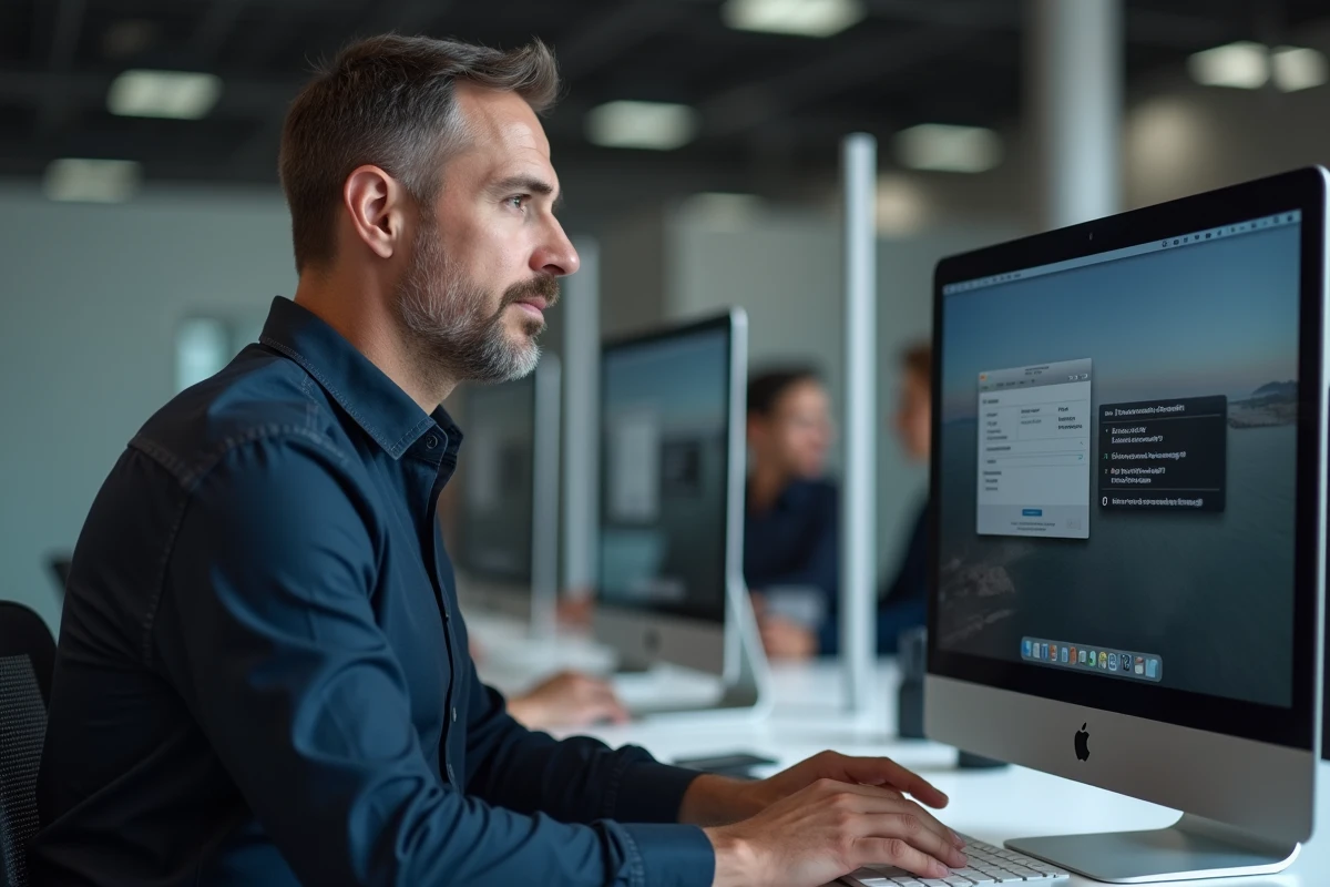 Homme effectuant un clic droit sur le Dock macOS pour forcer la fermeture d'une application figée