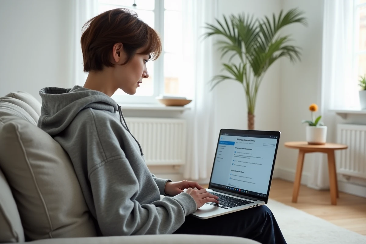 Femme mettant à jour les drivers Windows via les paramètres Windows Update sur son ordinateur portable depuis son salon