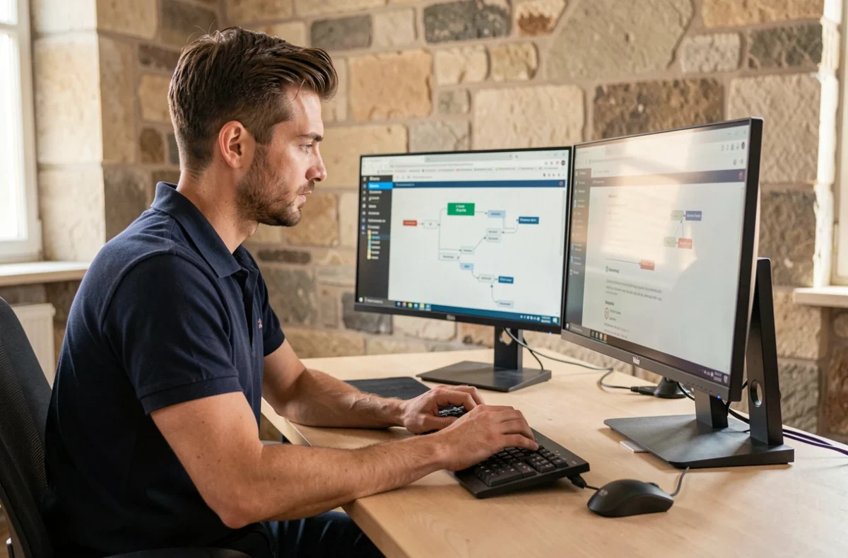 Développeur WordPress masculin travaillant dans un bureau rénové à Versailles pour l'agence MyWebo
