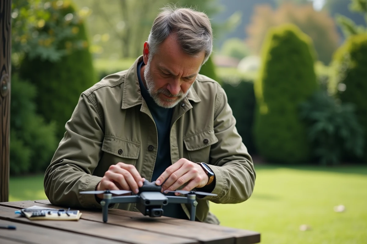 Homme d'âge moyen nettoyant un drone avec un chiffon doux