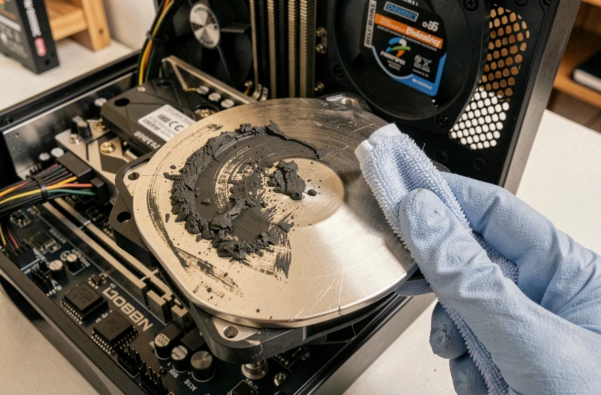 Nettoyage de l'ancienne pâte thermique sèche sur un processeur pour remplacement
