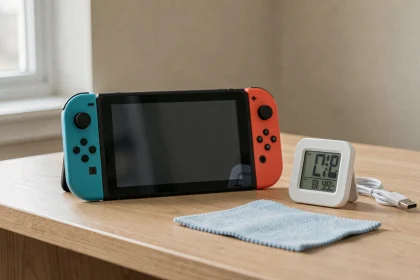 Nintendo Switch posée sur un bureau en bois avec un hygromètre et thermomètre numérique affichant les conditions idéales de température et d'humidité pour une console stable