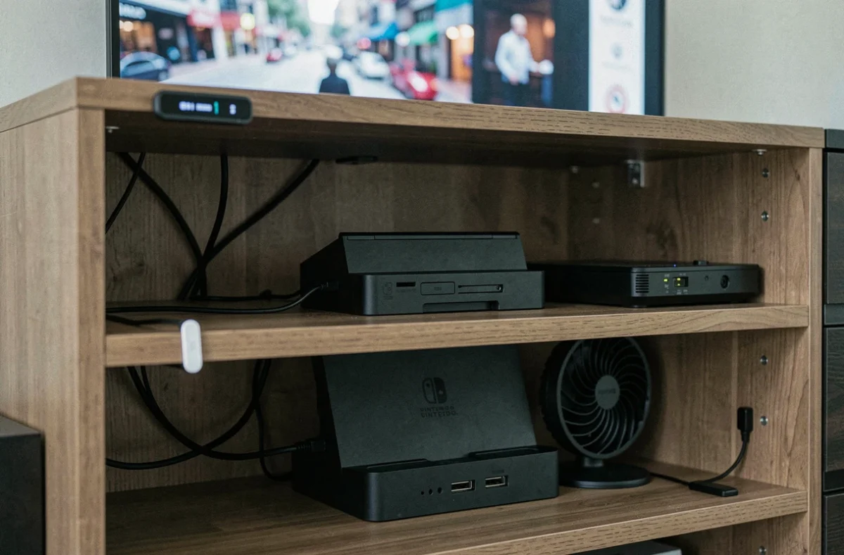 Nintendo Switch dans son dock placée dans un meuble TV ventilé avec un capteur de température et un petit ventilateur USB pour maintenir une atmosphère stable