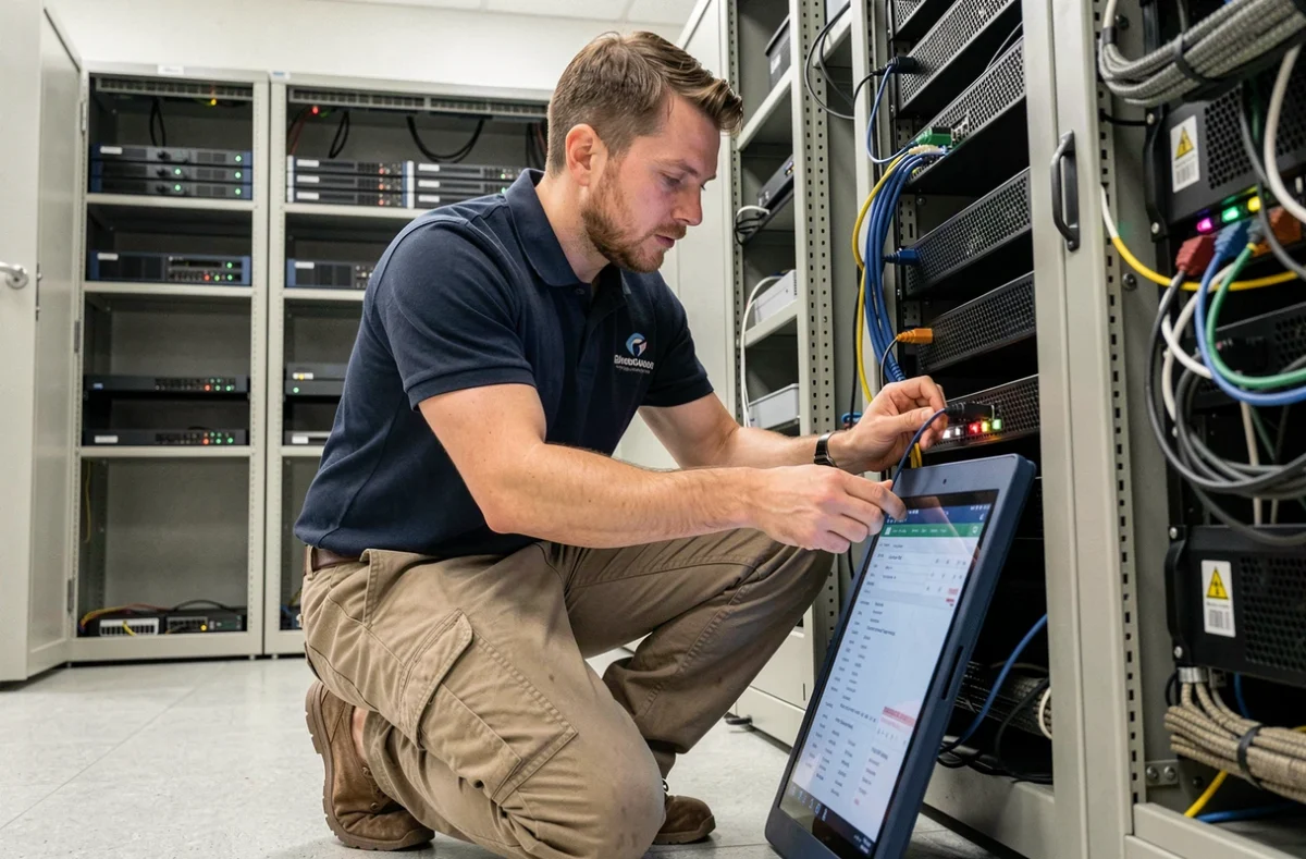 Technicien de Novenci assurant l'infogérance d'un serveur pour une PME girondine dans une salle informatique