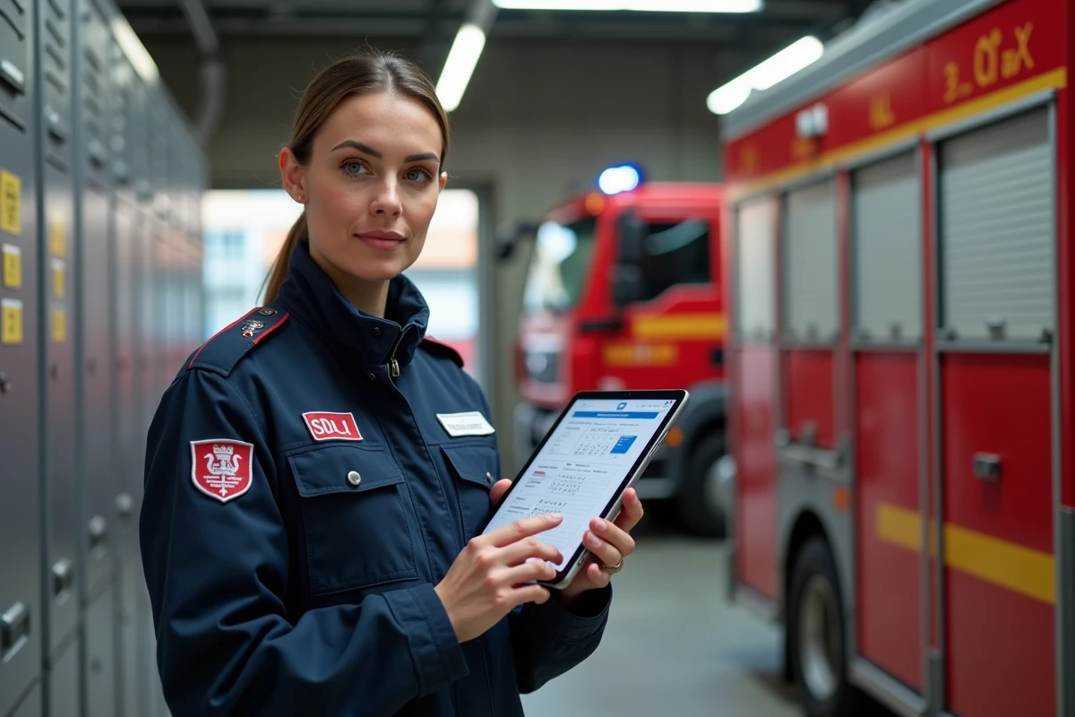 Officière logistique du SDIS 95 utilisant une tablette numérique pour gérer les plannings du personnel avec le logiciel Agendis