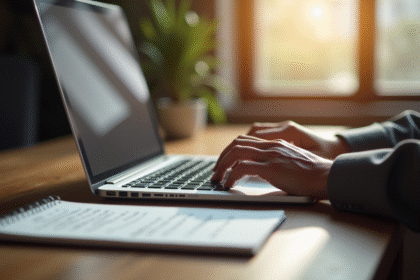 Ordinateur portable sur bureau ensoleille avec mains tapant